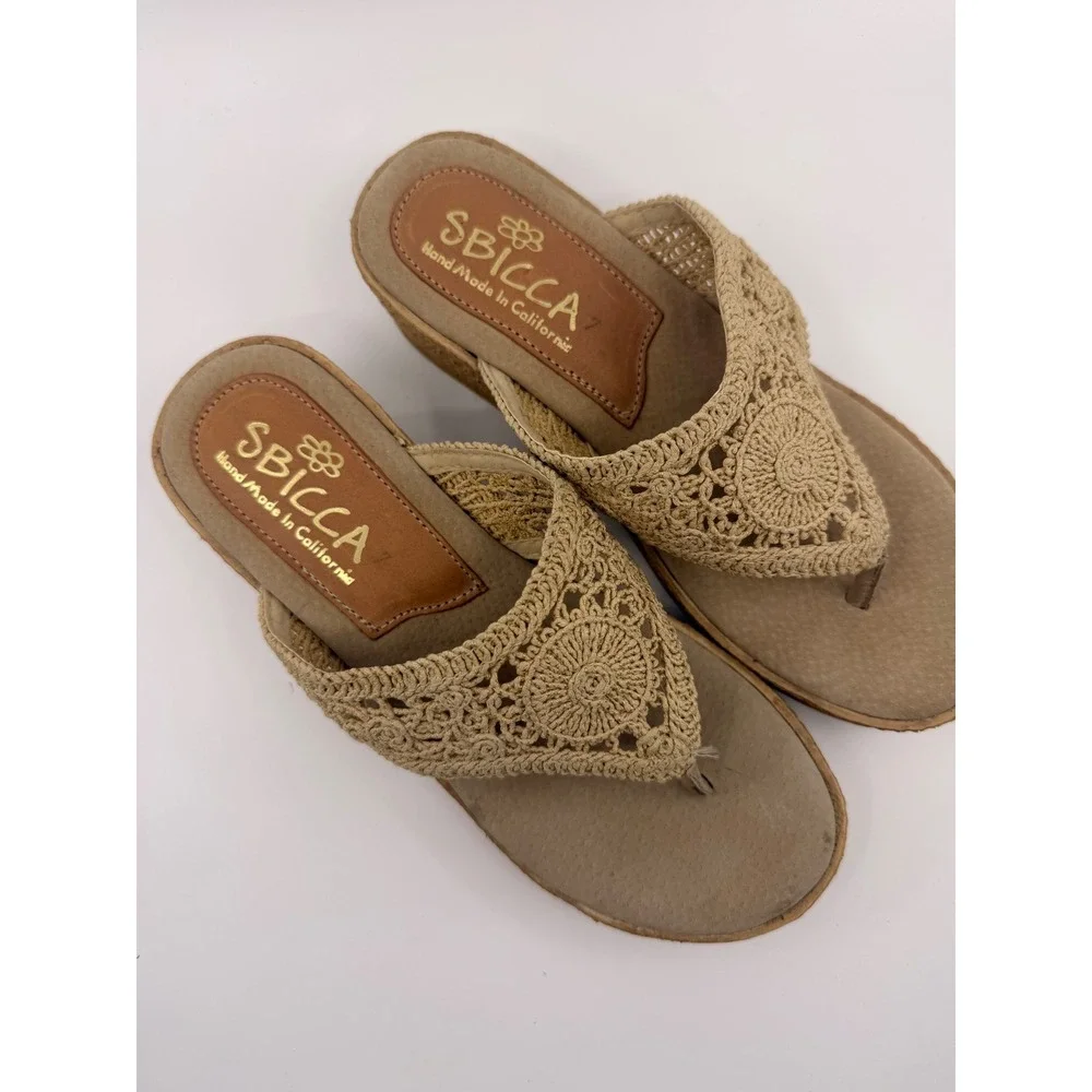 Sbicca Tan Crochet Platform Wedge Sandals Boho Thong Hand Made California Mens 7